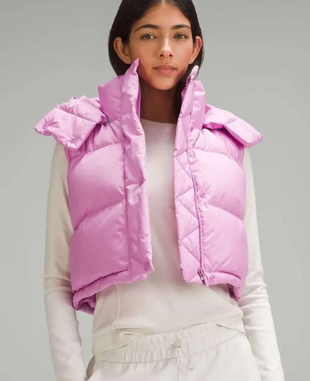 Lululemon Wunder Puff Super Cropped Vest Hooded Size 0 Dahlia Mauve Pink Outdoor